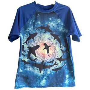 Lands End size 10-12 Husky blue short sleeve Shark Rashguard